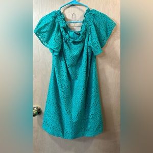 a.n.a. lacy long tunic, blouse, size M, teal, ruffled neck, lined, feminine